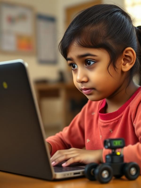 Indian girl coding on a laptop with a small robot beside her.