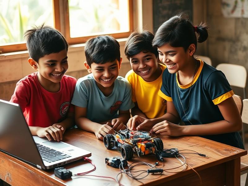 Indian children building a robot together at a DG KIDS workshop.