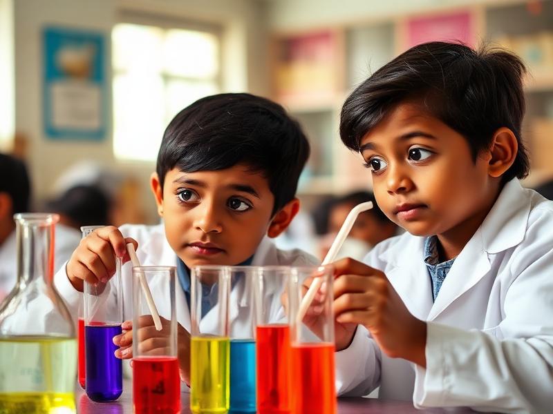 Two Indian children doing a chemistry experiment.